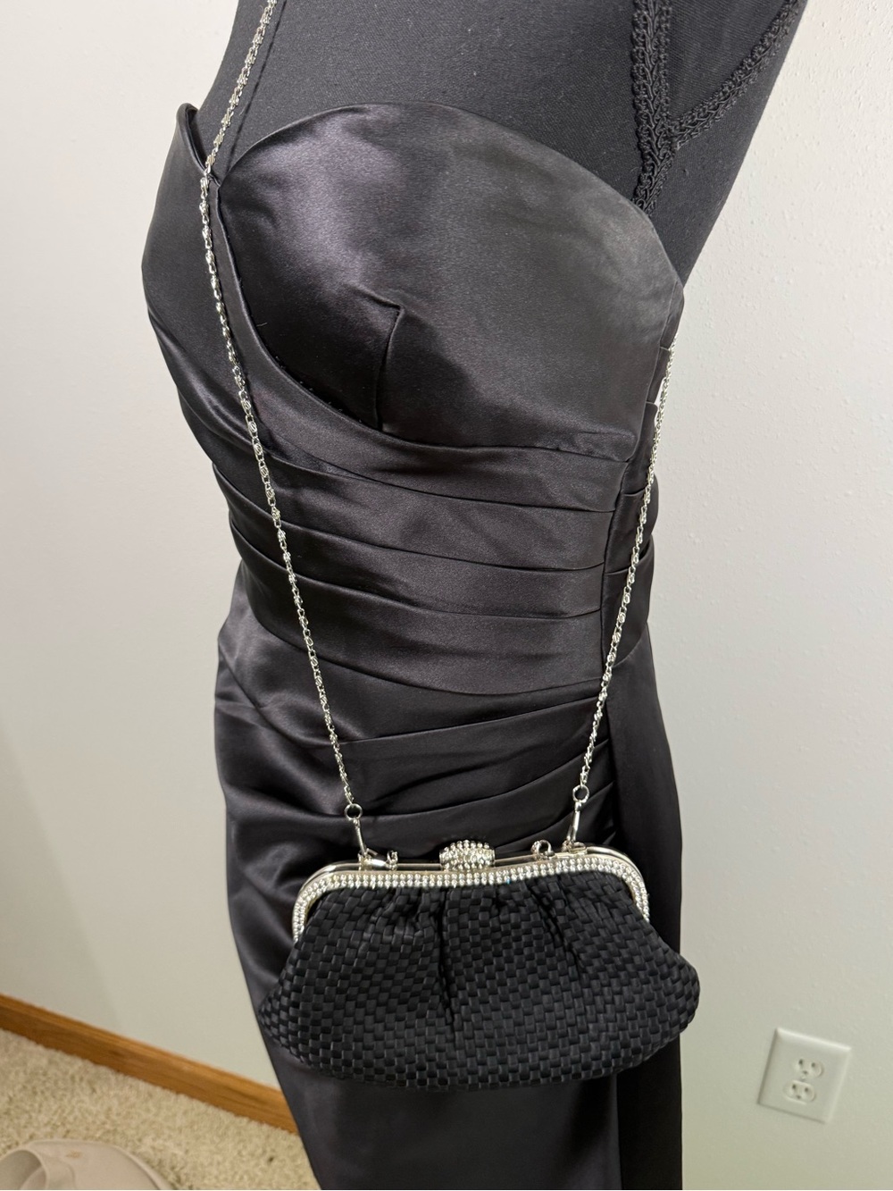 Black Woven Satin Rhinestone Frame Evening Clutch Two Chain Strap Formal Bag